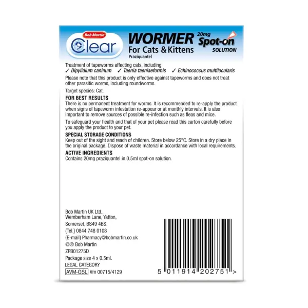 Bob Martin Clear Spot-On Wormer for Cats & Kittens - 2 Pipettes - Image 2