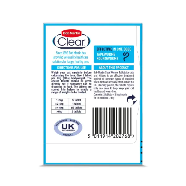 Bob Martin Clear 2 in 1 Wormer Tablets for Cats & Kittens - Pack of 2 - Image 2