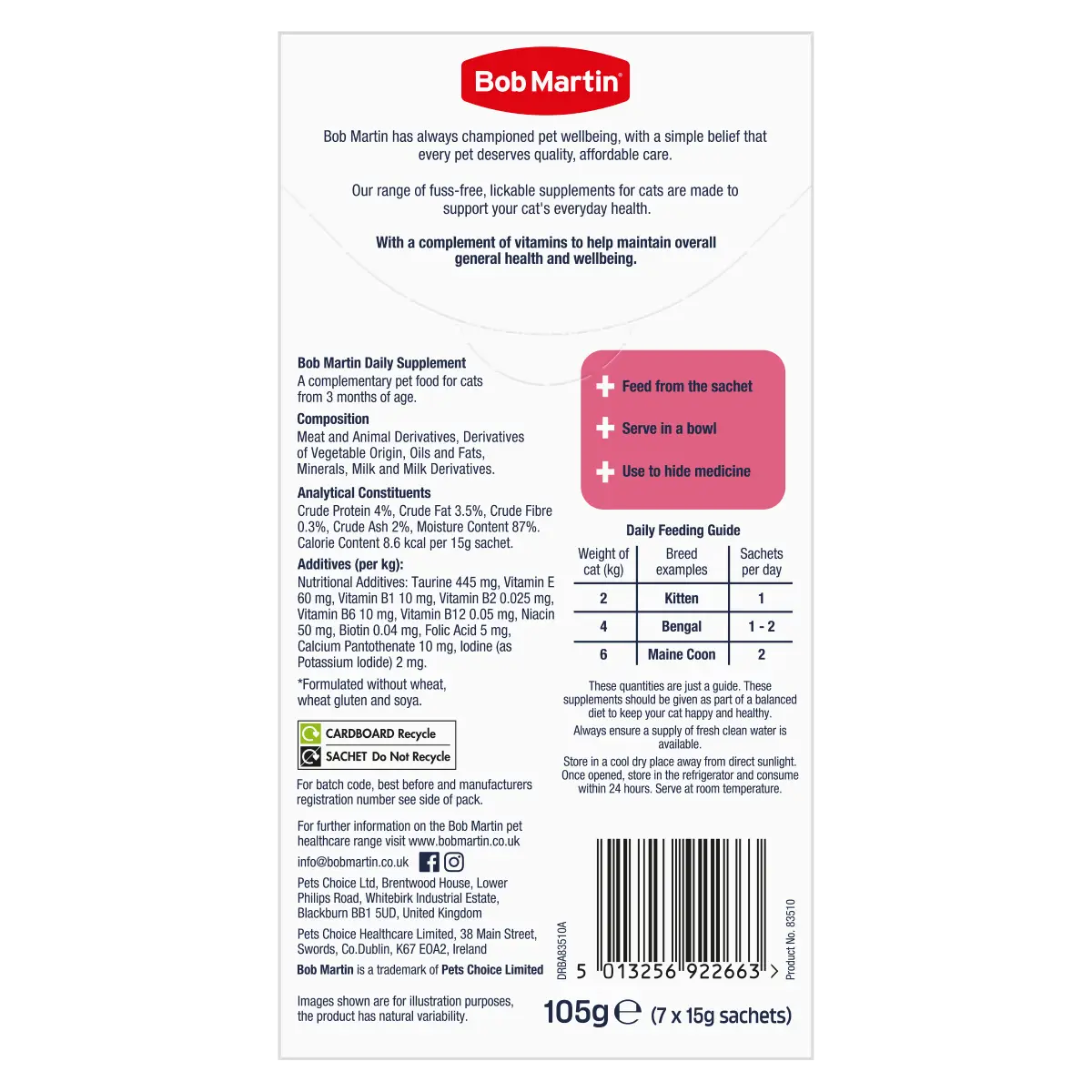 Bob Martin Cat Vitamins & Vitality - back of box