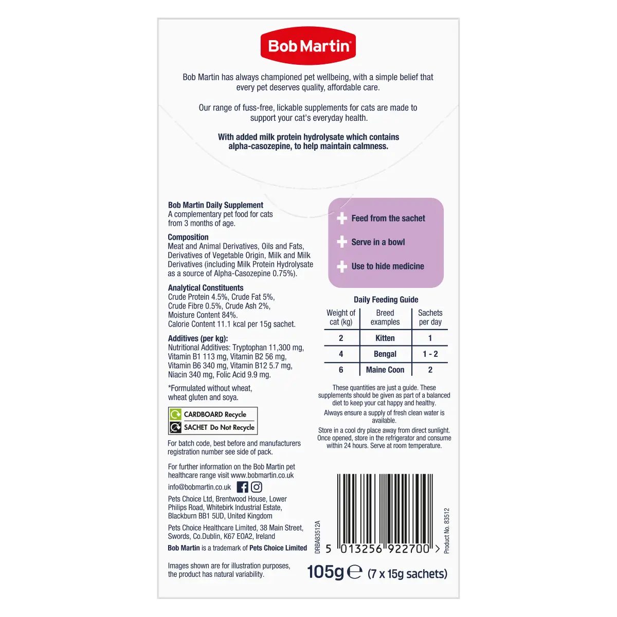 Bob Martin Cat Supplement Calming & Anxiety- back of box