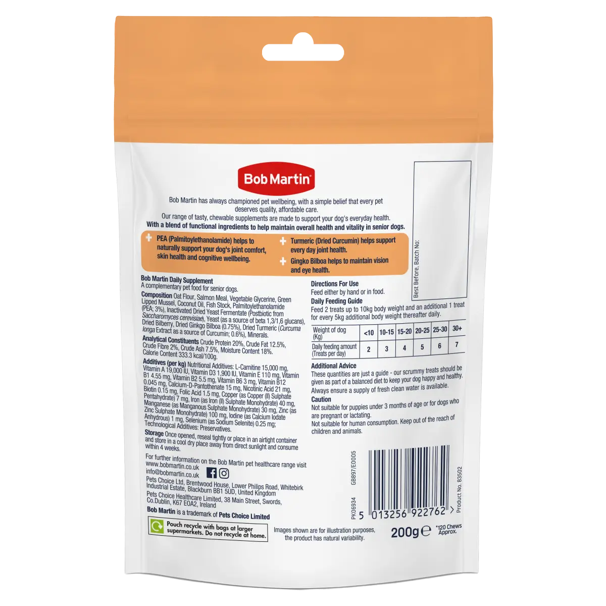 Bob Martin Dog Supplement Senior + Healthy Aging 200g - back of pack