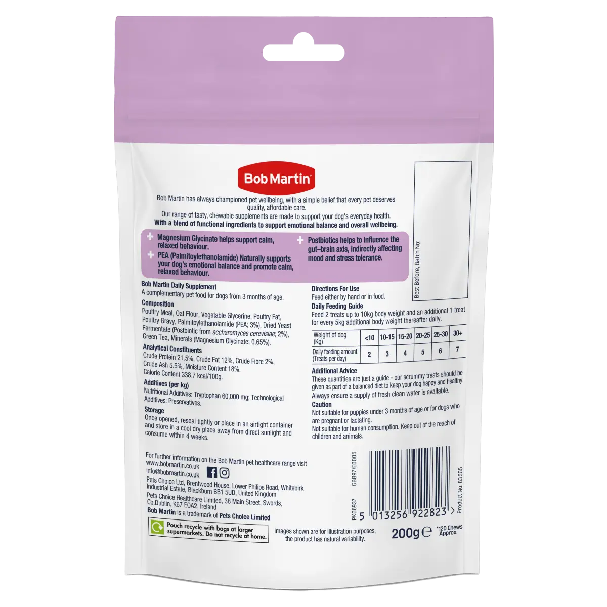 Bob Martin Dog Supplement Calming + Wellbeing 200g- back of pack